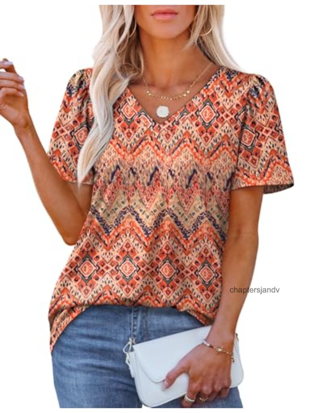 Womens V Neck Puff Sleeve Loose Fit T-Shirt Top